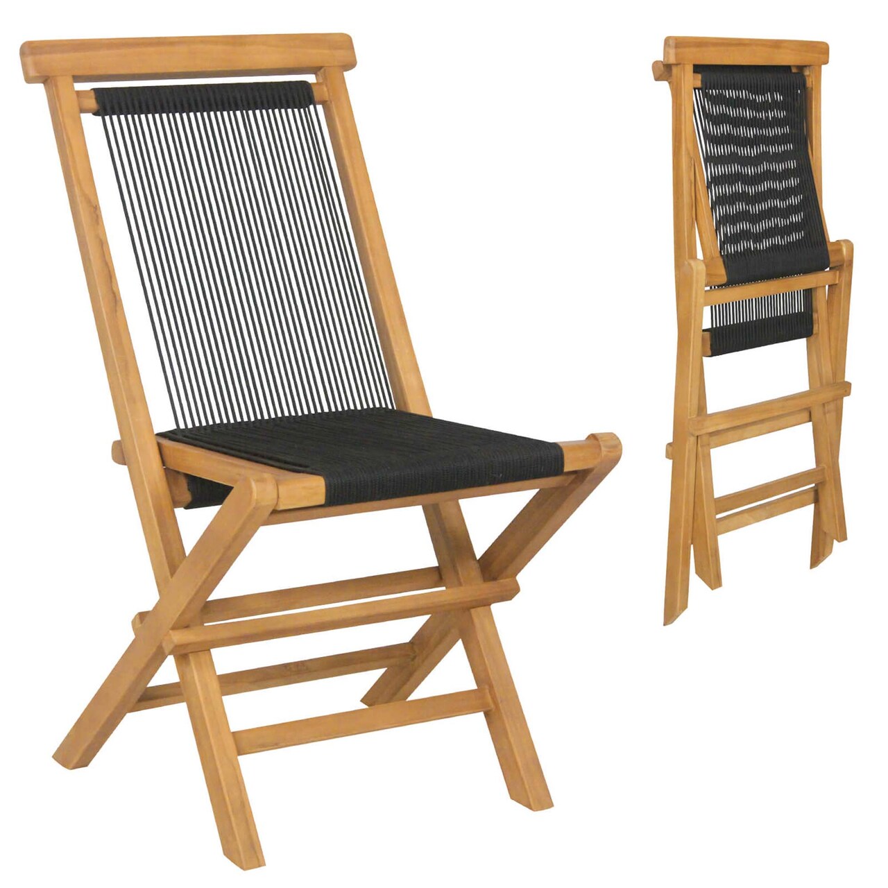 Costway 2/4 PCS Patio Folding Chairs with Woven Rope Seat & Back Indonesia Teak Wood for Porch Natural&Black